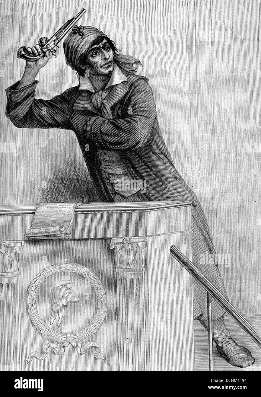 Ce tableau de Viollat représente Jean-Paul Marat, figure clé de la Révolution française. L’œuvre capture l’intensité du zèle révolutionnaire de Marat, mettant en évidence l’émotion et l’agitation de l’époque. Banque D'Images