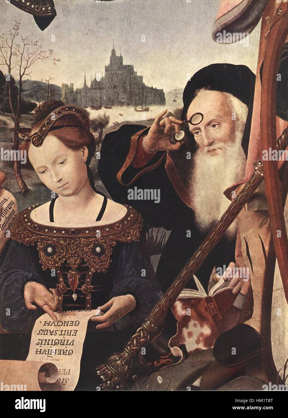 Cette section détaillée de 'le couronnement de la Vierge' par Jan Provoost présente un moment dans le récit religieux. L'œuvre présente des détails complexes, typiques des peintures religieuses du début de la Renaissance. Banque D'Images