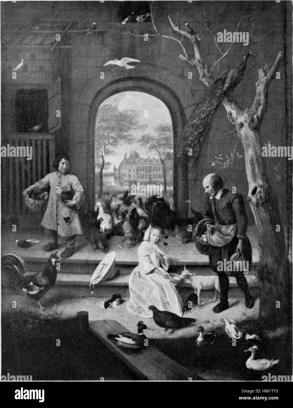 Une image en noir et blanc de la peinture de Jan Steen révèle les détails complexes du style humoristique et satirique de l'artiste. Les œuvres de Steen représentent souvent des scènes domestiques animées avec un accent sur la nature humaine et la vie quotidienne, employant un contraste net dans ses compositions. Banque D'Images