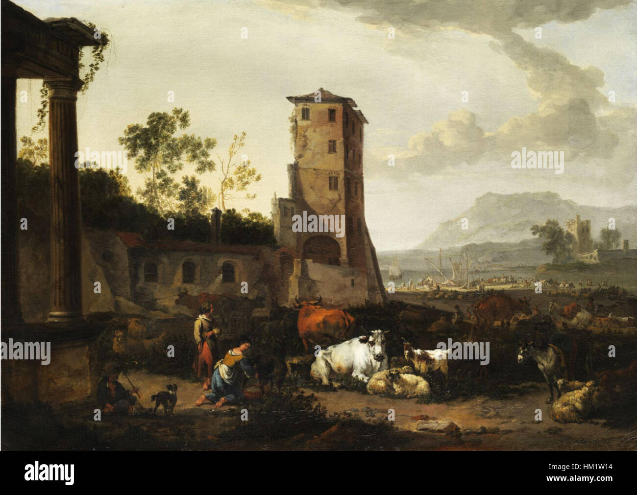 Une peinture de paysage de Johannes van der Bent intitulée « Fantasielandschaft », représentant un paysage fantastique ou imaginé. L’œuvre mélange des éléments naturels avec une composition imaginative. Banque D'Images