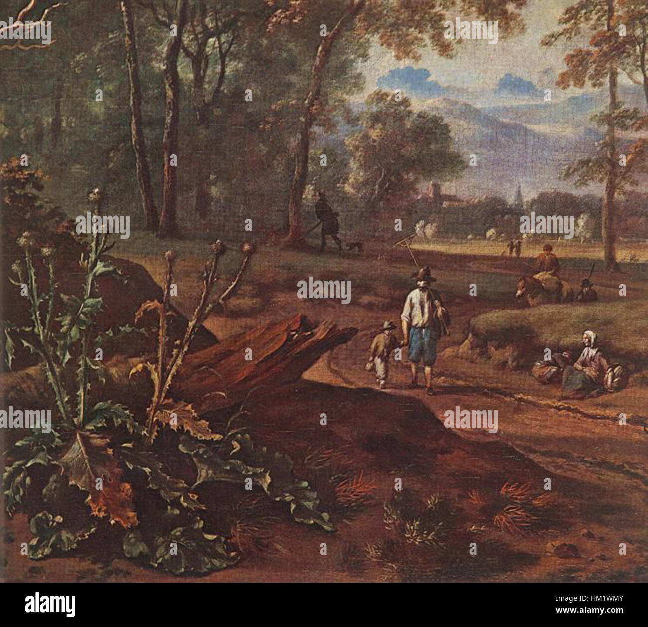 Cette peinture de Jan Wynants présente une vue détaillée d'une route longeant une forêt, capturant la beauté naturelle du paysage avec un travail de pinceau réaliste et une atmosphère tranquille. Banque D'Images