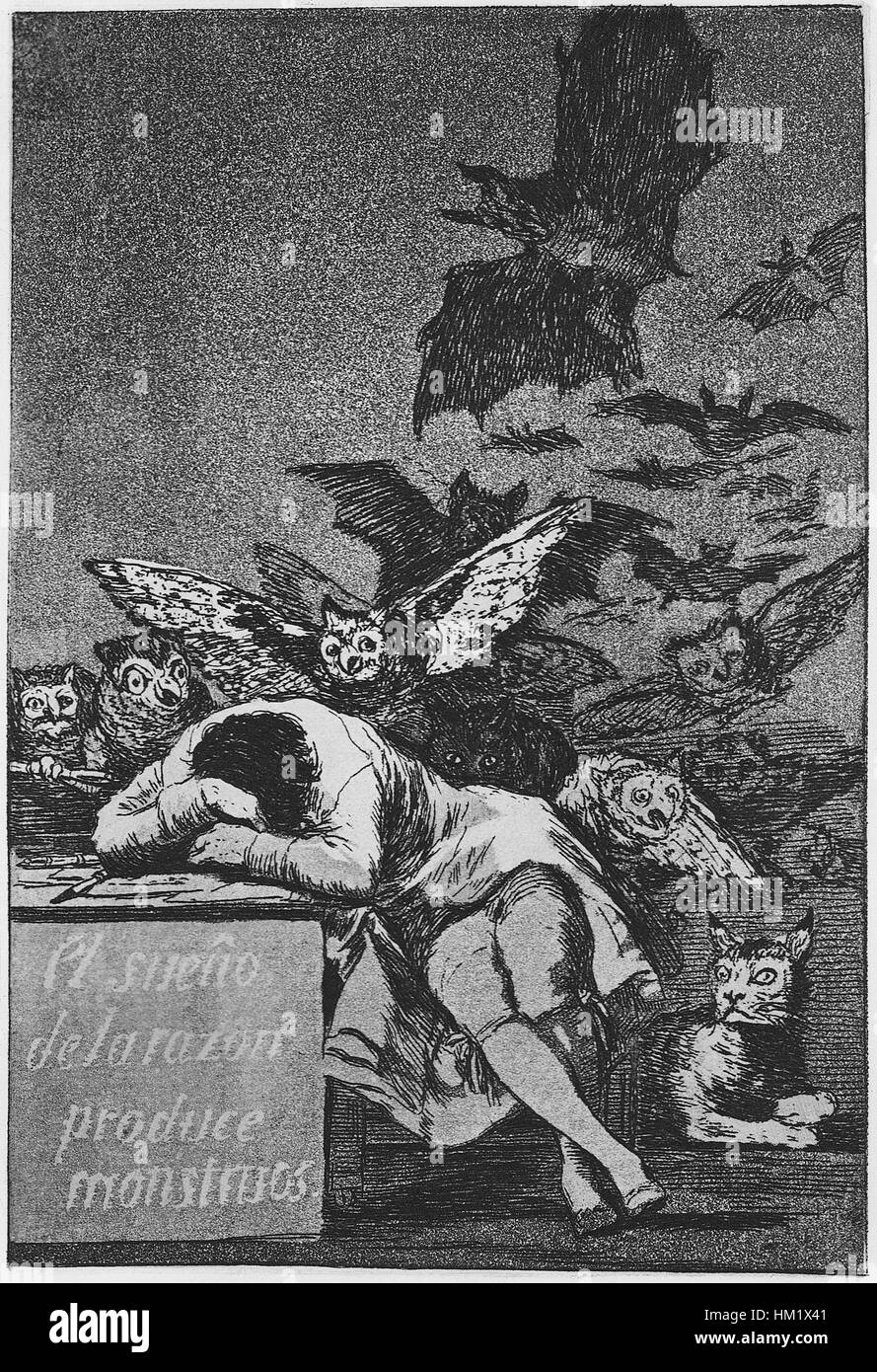 « The Sleep of Reason » de la série Caprichos de Francisco Goya, illustrant les images troublantes et les thèmes sombres qui caractérisent cette série emblématique de gravures, qui critique les normes sociétales et l'irrationalité à l'époque de Goya. Banque D'Images