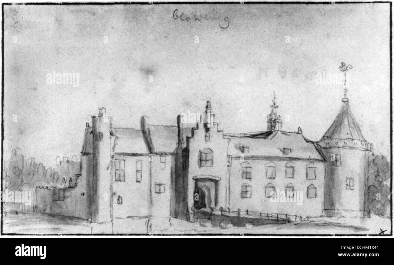Cette peinture de Mensing représente la vue de face de Kasteel Blotinge, un château historique situé à Rijswijk, aux pays-Bas. L'œuvre d'art capture les caractéristiques architecturales du château et de son paysage environnant, offrant un aperçu du patrimoine néerlandais et de la conception du XVIIe siècle. Banque D'Images