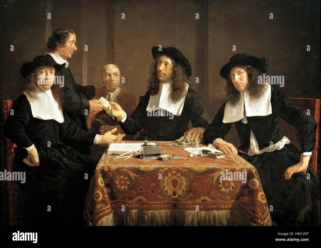 La peinture de Jan de Bray, Regenten Dolhuys, dépeint l'organe directeur des Dolhuys, un bâtiment emblématique de Haarlem, reflétant le rôle de la gouvernance aux pays-Bas au XVIIe siècle. La peinture capture l'élégance et l'autorité des régents. Banque D'Images