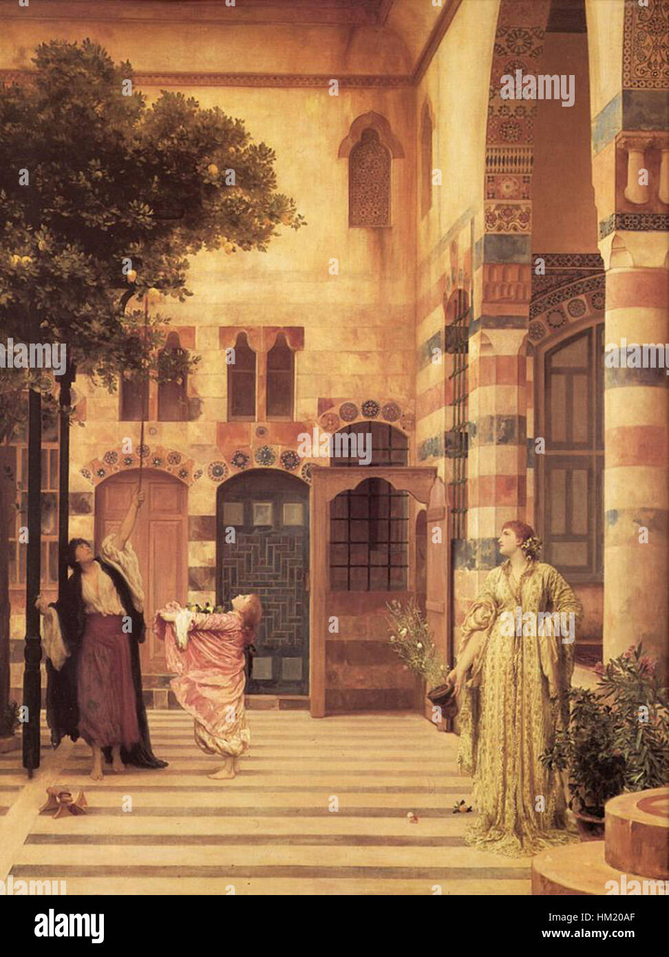 « Old Damas, Juif's Quarter » de Frederick Leighton capture le quartier historique de Damas, en Syrie, avec des détails complexes et des couleurs éclatantes. Le tableau reflète la fascination de l’artiste pour la richesse architecturale et culturelle de la région, en particulier la communauté juive au sein de la ville antique. Banque D'Images