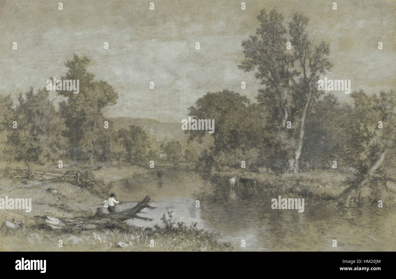 La peinture de George Inness 'Milton, New York' capture la beauté sereine du paysage américain. L’œuvre est connue pour sa qualité atmosphérique, mettant en valeur la maîtrise de la lumière et de la nature par Inness, caractéristique de l’école de la rivière Hudson. Banque D'Images