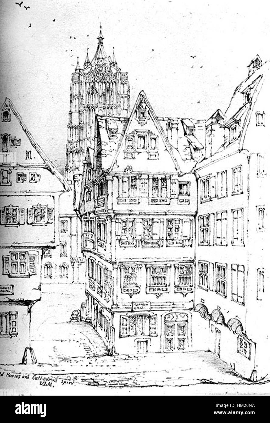 Cette peinture capture la vue panoramique des maisons et de la flèche de la cathédrale à Ulm, en Allemagne, mettant en valeur l'architecture historique de la région et les caractéristiques distinctives de l'horizon de la ville. Banque D'Images