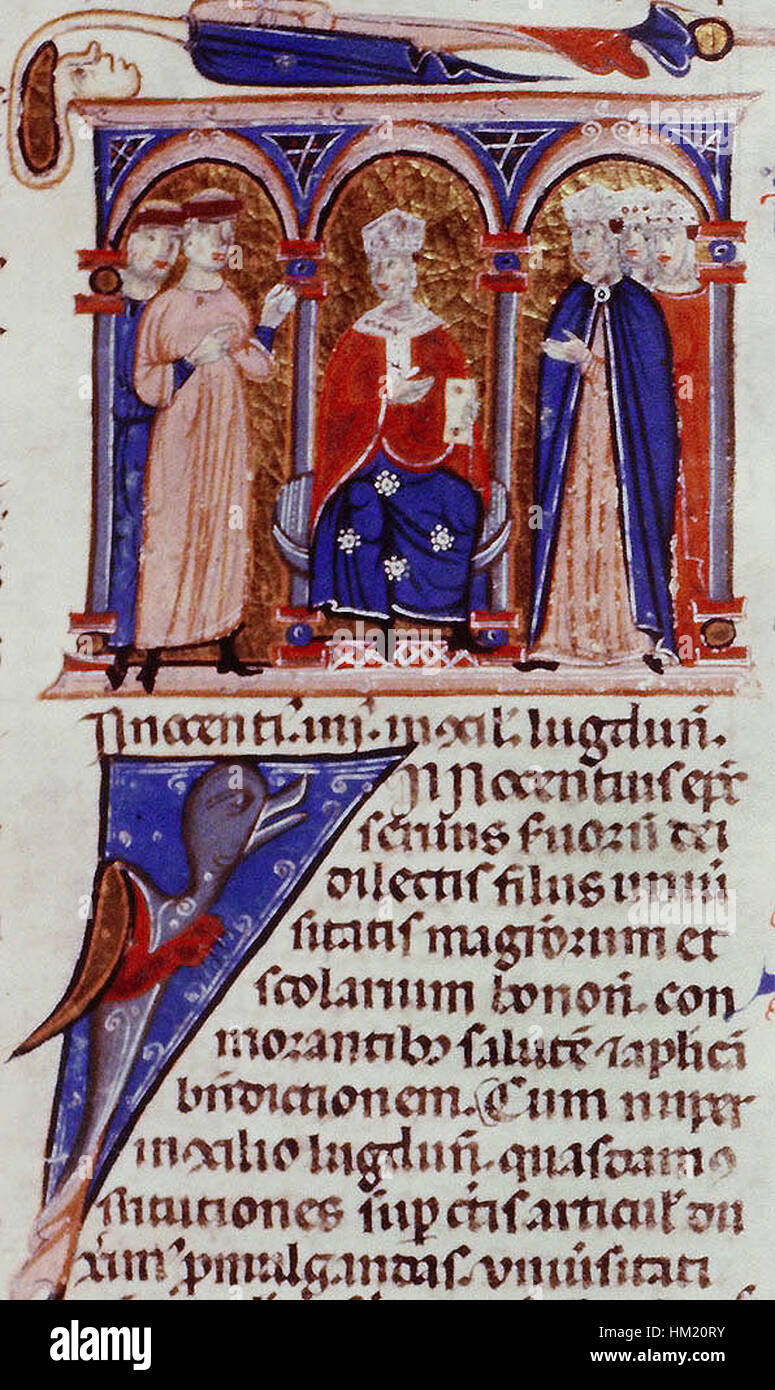 Cette illustration détaillée du *Concile de Lyon* montre le pape Innocent IV dans un moment charnière de l’histoire. L'œuvre capture l'atmosphère religieuse dramatique du concile du XIIIe siècle, mettant en évidence les luttes religieuses et politiques de l'époque. Banque D'Images