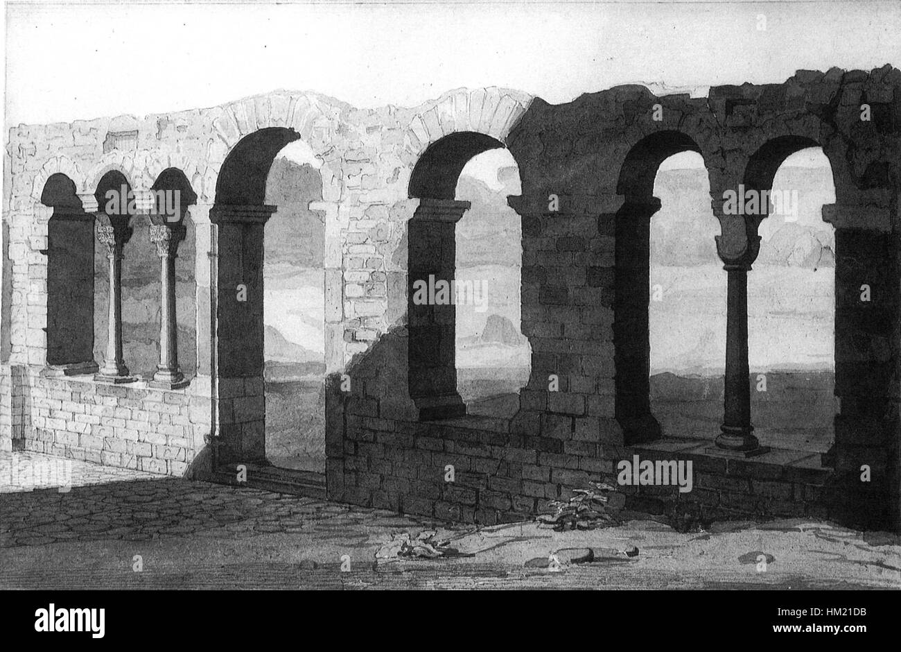 Cette aquarelle de 1838 représente les ruines de Gross équipé Martin et son cloître, capturant l'architecture historique et la décomposition du site au XIXe siècle. Banque D'Images