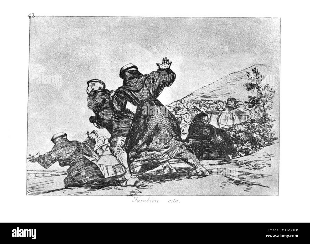 *Goya-Guerra (43)* est une pièce du maître espagnol Francisco Goya. Connue pour son utilisation dramatique de la lumière et de l’ombre, cette peinture résume l’agitation et l’intensité émotionnelle de l’œuvre ultérieure de Goya. Banque D'Images