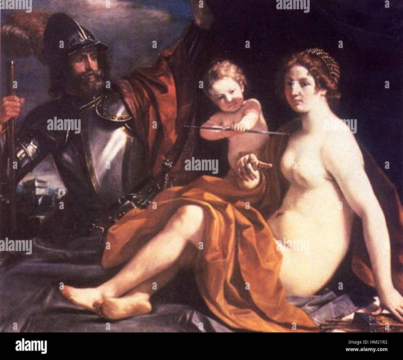 'Vénus, mars et Cupidon' de Guercino, un chef-d'œuvre baroque représentant les figures mythologiques Vénus, mars et Cupidon. La peinture dépeint une représentation classique de la mythologie romaine avec des détails complexes et une composition dynamique. Banque D'Images