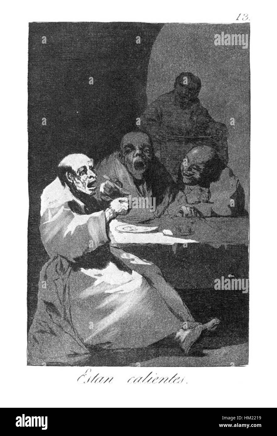 Caprichos de Francisco Goya (13) est l'une de ses célèbres séries de gravures critiquant la société et la politique en Espagne du XVIIIe siècle. La gravure reflète la vision satirique de Goya sur la corruption et les excès de l'époque, exprimée à travers son style artistique unique. Banque D'Images