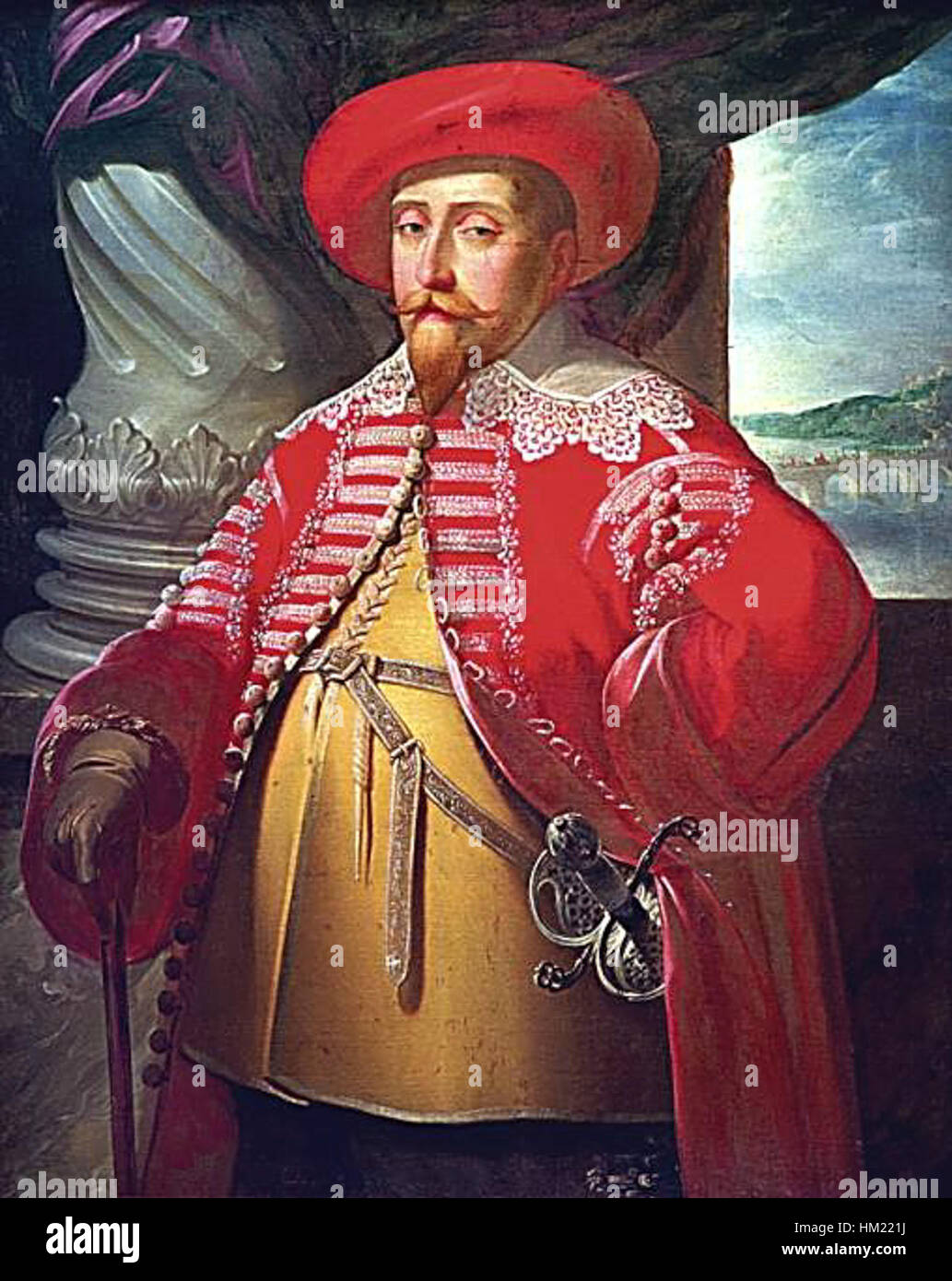 Gustav II Adolf de Merian est une gravure du XVIIe siècle représentant le roi suédois dans une pose royale. L'image capture le leadership et l'importance militaire de Gustave II Adolf pendant son règne, soulignant sa stature royale et son importance dans l'histoire européenne. Banque D'Images