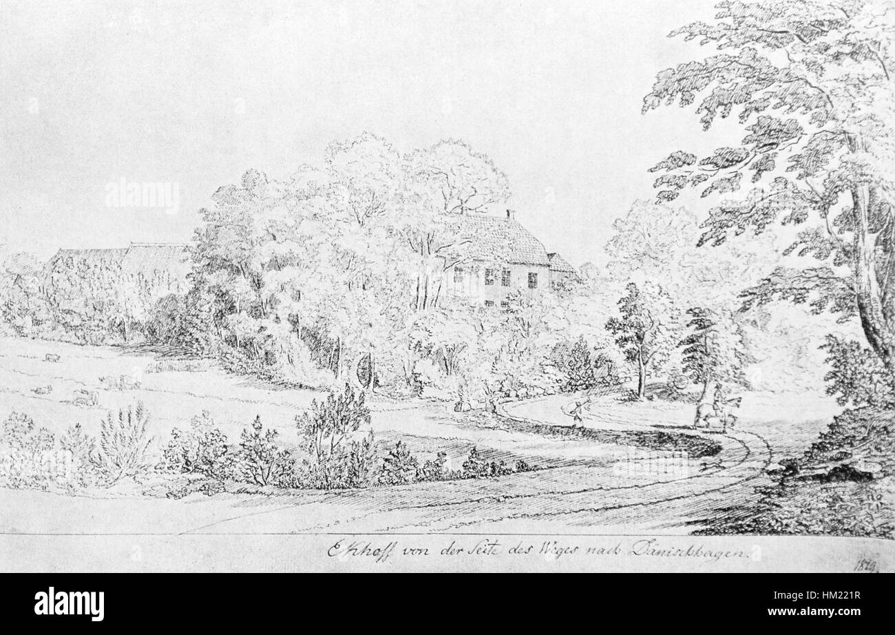 La Federzeichnung de Gut Eckhof de 1819 est un dessin détaillé représentant une fine plume. La pièce reflète la précision de l'artiste dans la capture de détails complexes et met en valeur la technique du dessin en ligne fine. Banque D'Images