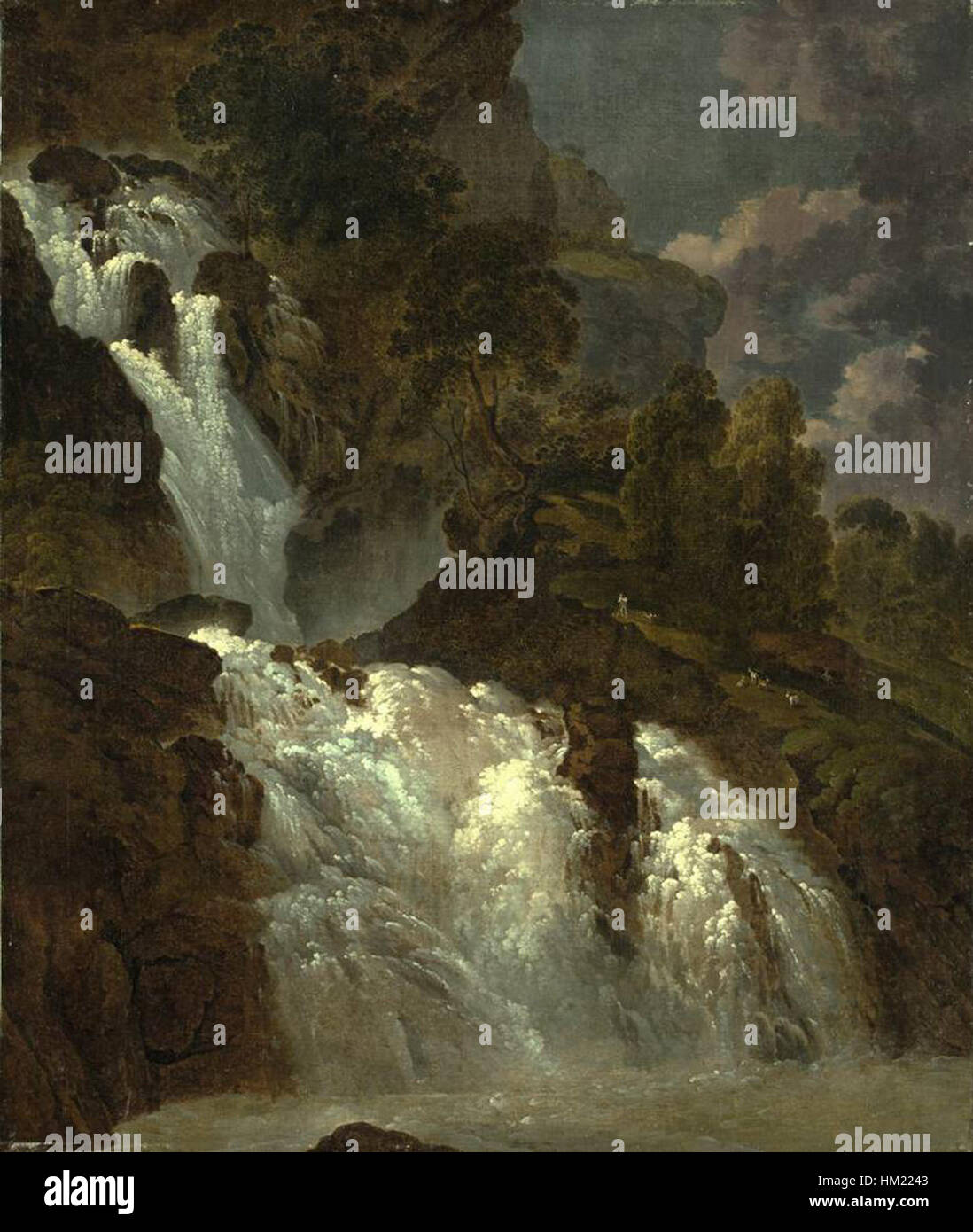 'Der Reichenbachfall' de Heinrich Rieter est une peinture détaillée représentant les chutes de Reichenbach, une cascade naturelle en Suisse. Connue pour ses paysages spectaculaires, la peinture capture la force et la beauté des chutes. Banque D'Images
