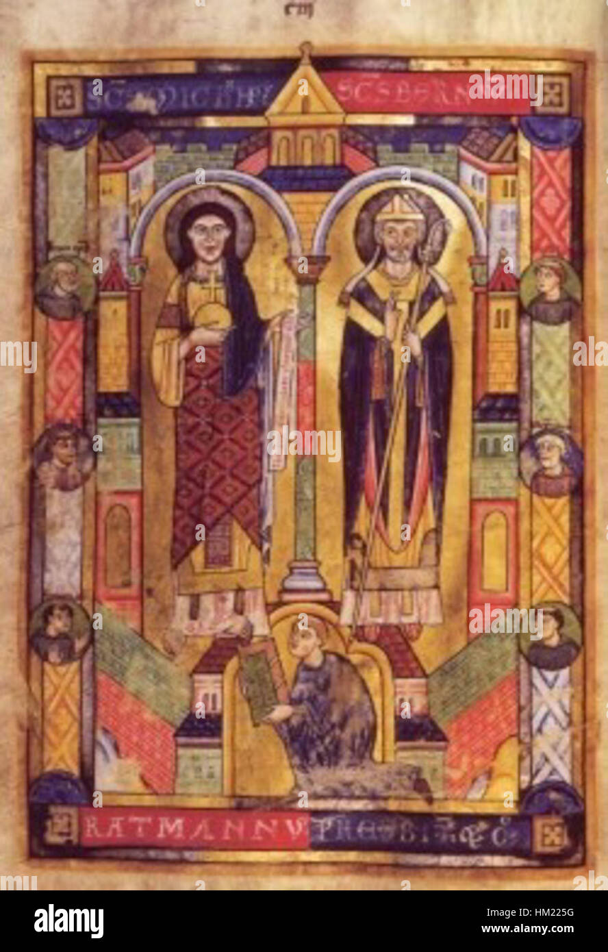 Le Hildesheim Ratmann-Sakramentar est un manuscrit enluminé, créé au XIe siècle, contenant des textes liturgiques chrétiens. Sa décoration ornée et ses illustrations détaillées reflètent l'importance religieuse et culturelle de l'époque. Banque D'Images