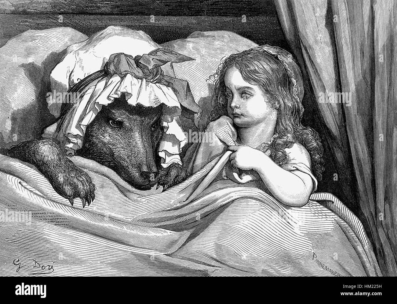 Une représentation de la scène 'elle a été étonnée de voir à quoi ressemblait sa grand-mère' par Gustave Doré, illustrant un moment de réaction émotionnelle. Le style d'illustration détaillée de Doré dépeint de manière vivante l'expression émotionnelle et la profondeur du moment. Banque D'Images