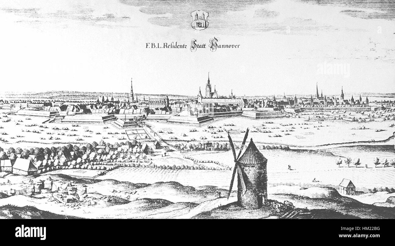 L'œuvre d'art 'Hannover' de Merian capture le paysage architectural et social de Hanovre, en Allemagne. La gravure détaillée souligne les bâtiments clés de la ville et l’aménagement urbain au début du XVIIe siècle. Banque D'Images