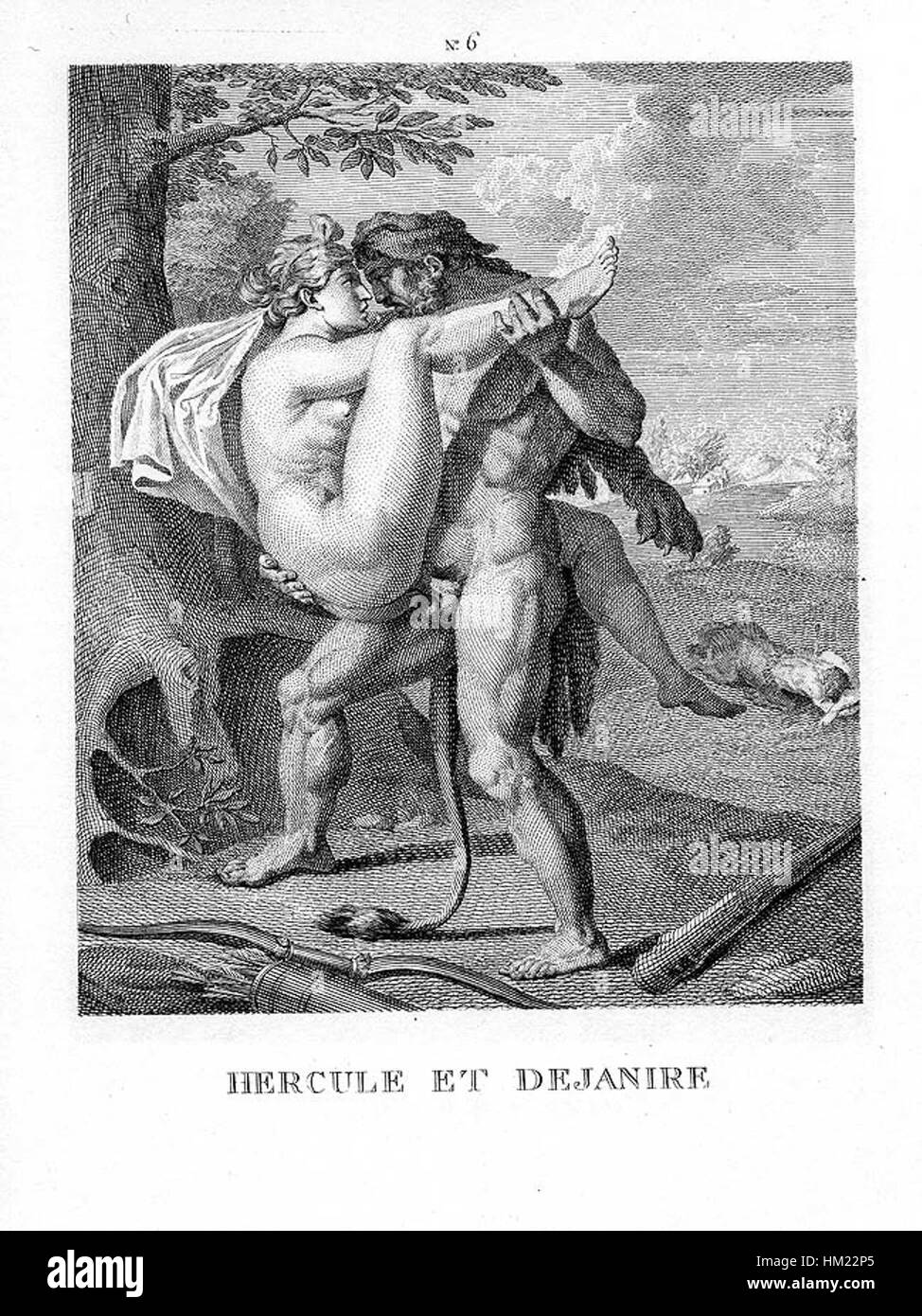 Le tableau 'Hercule et Dejanire' d'un artiste inconnu représente le moment mythologique de la rencontre tragique d'Hercule avec sa femme, Dejanire. La représentation est riche en références classiques et est connue pour son intensité émotionnelle, dépeignant la souffrance du héros. Banque D'Images