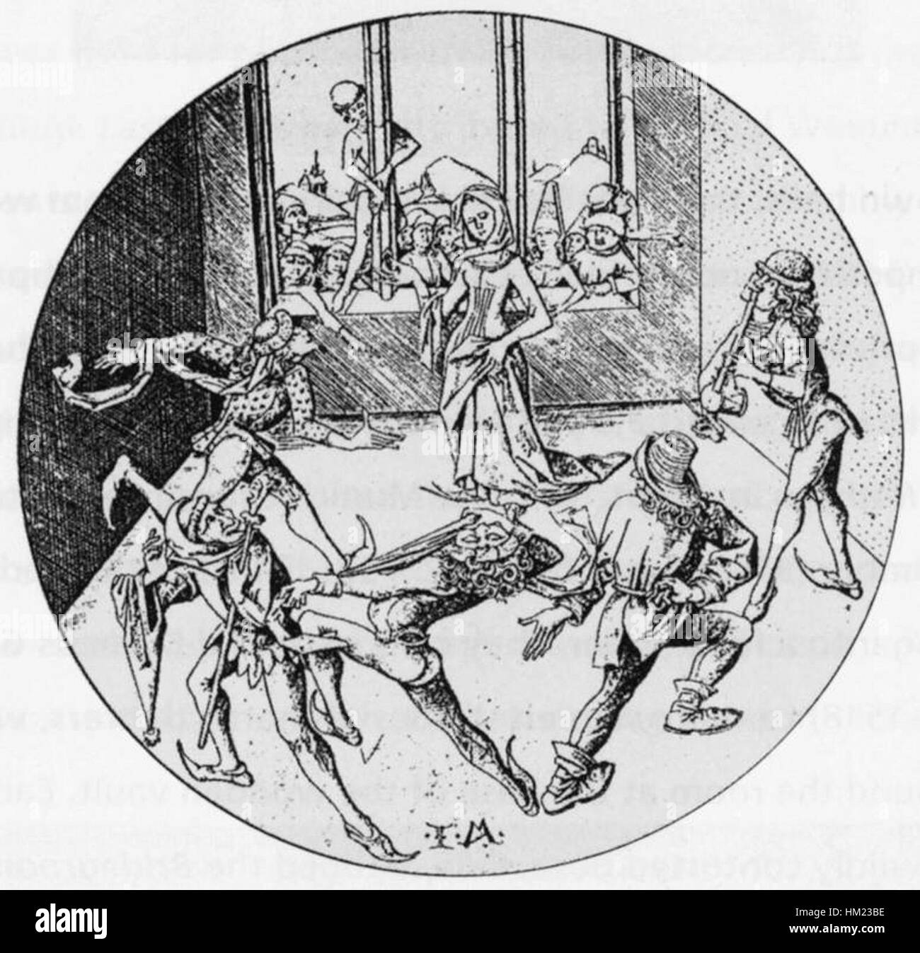 Une œuvre d'art historique détaillée intitulée 'Morris Dance' par Israhel van Meckenem le jeune, avec une composition complexe avec des danseurs. Cette pièce fait partie de la collection WGA14733, mettant l'accent sur la forme de danse traditionnelle et le style artistique d'époque. Banque D'Images