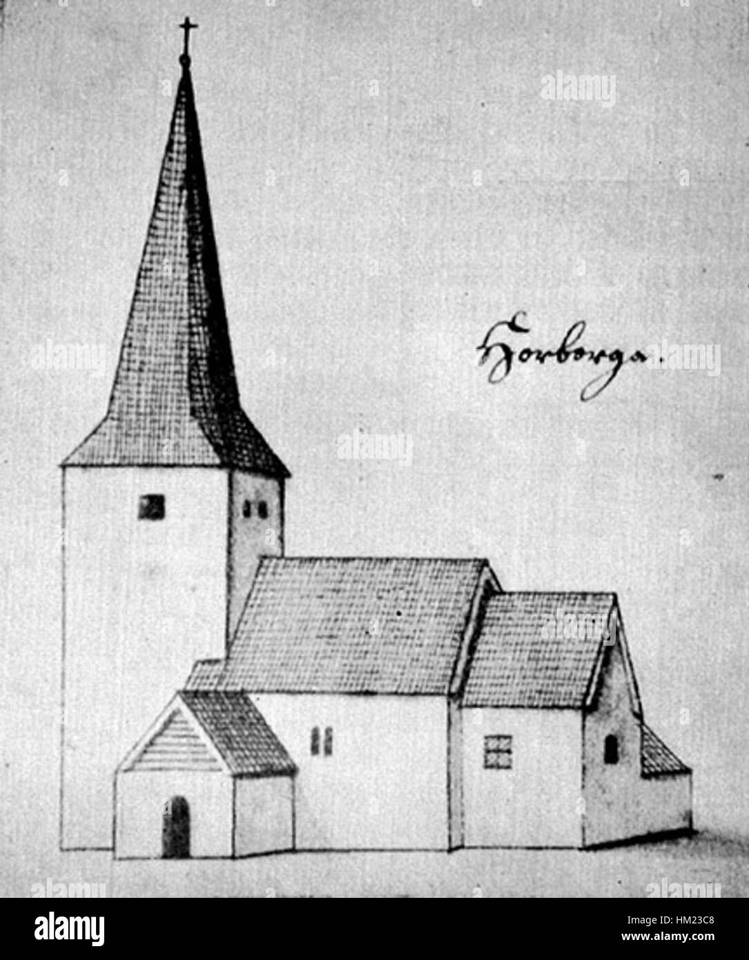 Cette œuvre représente la Hornborga gamla kyrka, une ancienne église suédoise. La peinture souligne l’architecture historique de l’église et son importance culturelle pour la région. Banque D'Images