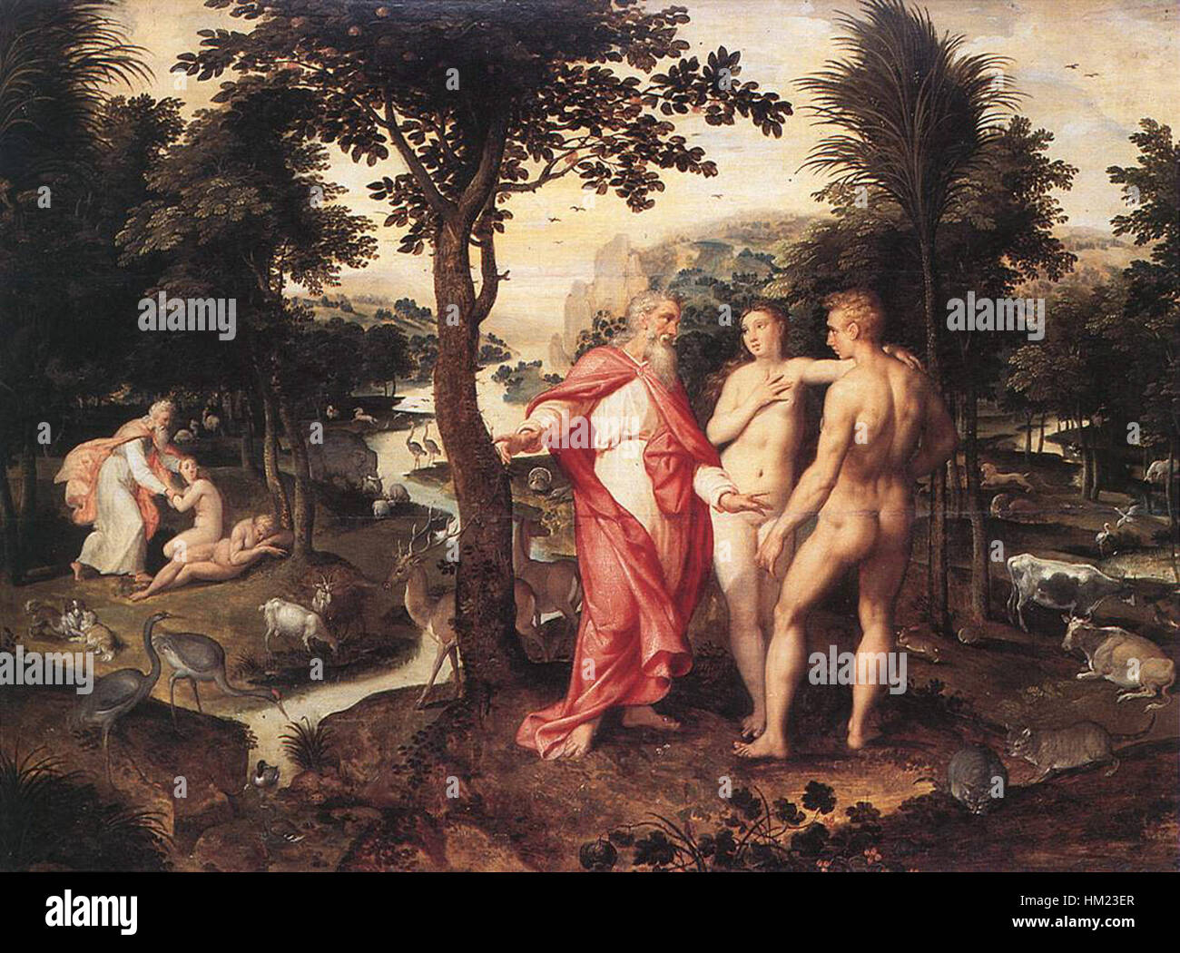 La 'Garden of Eden' de Jacob de Backer est une peinture de la Renaissance du Nord présentant la scène biblique d'Adam et Ève dans le paradis d'Éden, illustrant l'innocence et la tragédie de la première chute de l'humanité. Banque D'Images