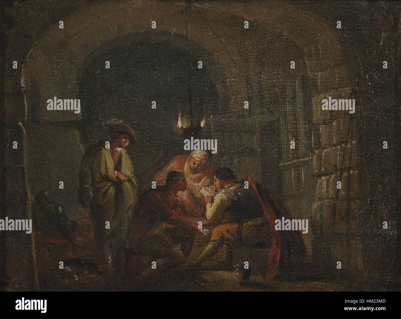 'Wachstube' de Jean-Baptiste Lallemand est une peinture représentant une scène militaire, peut-être une salle de garde ou des soldats dans une caserne. Le souci du détail de l'artiste met en évidence l'ambiance et le cadre de la période, capturant la vie militaire du XVIIIe siècle. Banque D'Images