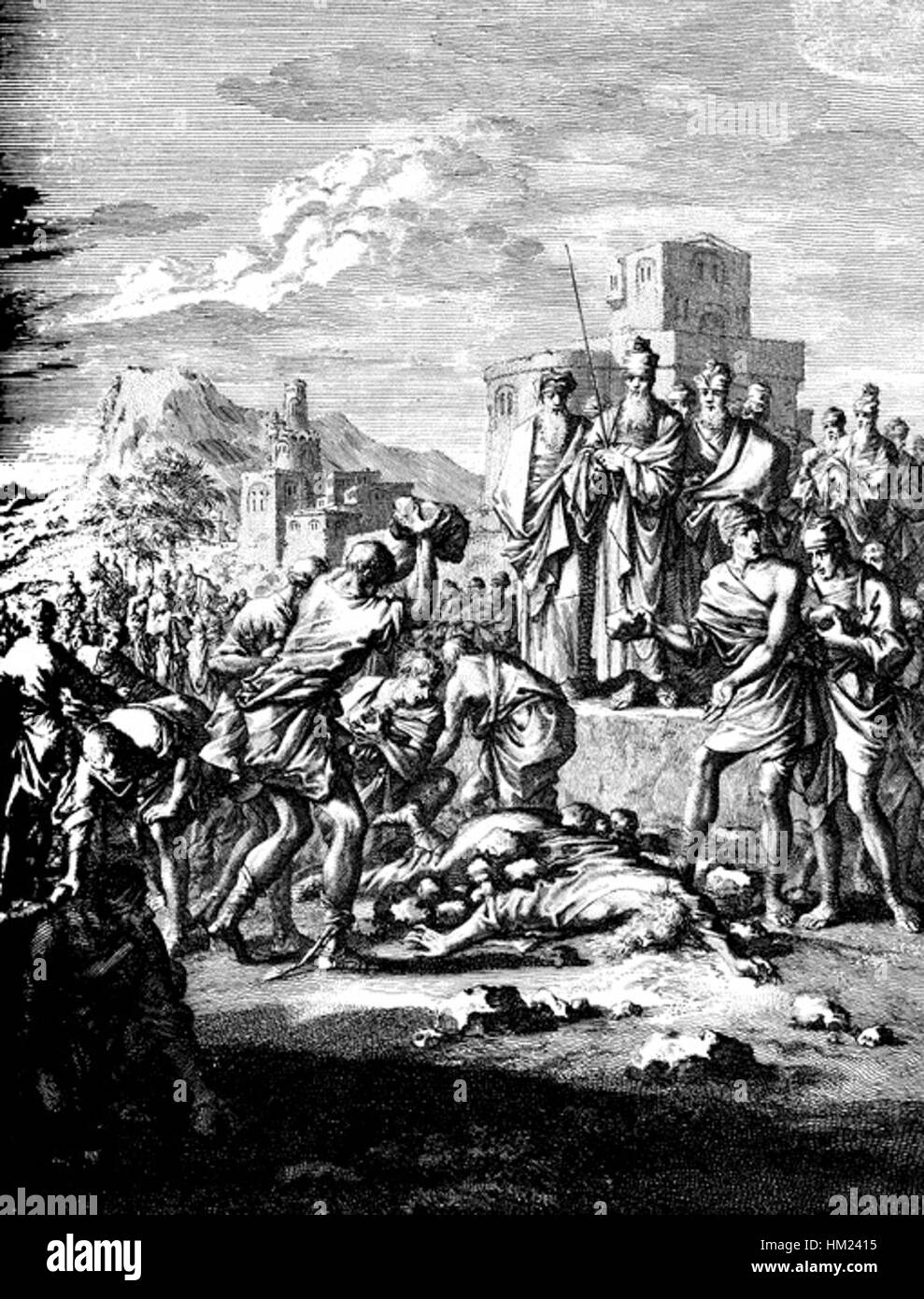 Cette peinture représente l'histoire biblique de Jézabel ordonnant la mort de Naboth. Le récit met en lumière les thèmes de la corruption, du pouvoir et de l'injustice dans l'ancien Royaume d'Israël. Banque D'Images