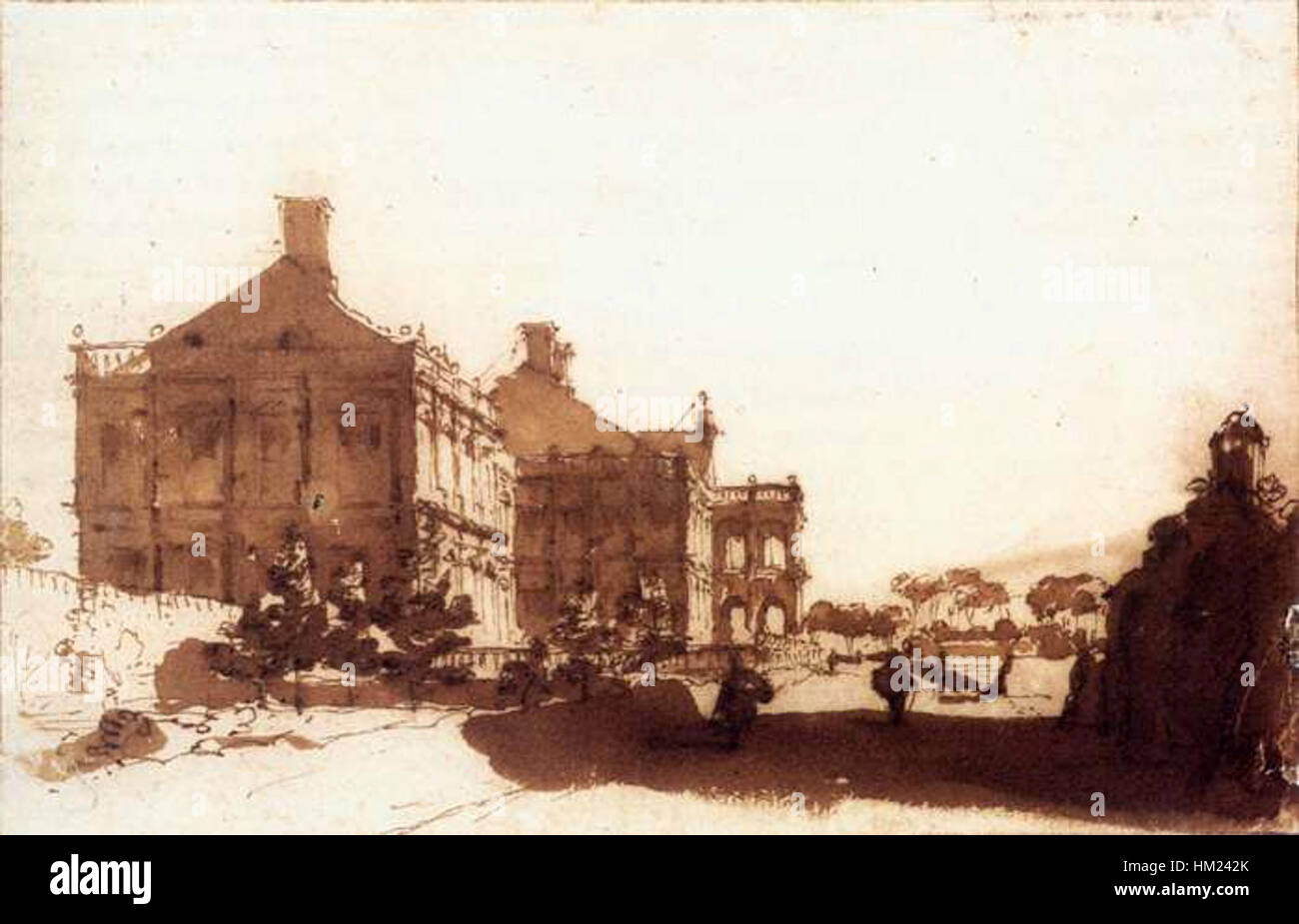 Ce tableau de Jan de Bisschop représente le huis ter Nieuburch à Rijswijck, vu du sud-ouest. L'œuvre d'art capture la beauté architecturale du domaine et de ses environs, mettant en valeur les détails du bâtiment et du paysage du XVIIe siècle. Banque D'Images