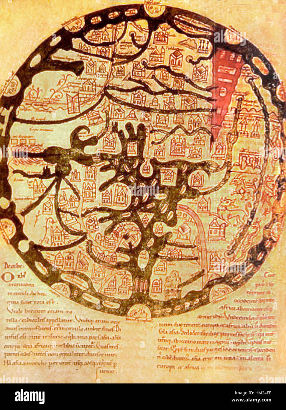 Cette carte médiévale, créée par Isidore de Séville, montre le monde connu de l'époque, mettant l'accent sur une vision du monde religieuse et géographique. Le mappamundi sert d'artefact historique, illustrant comment les érudits médiévaux comprenaient la géographie. Banque D'Images