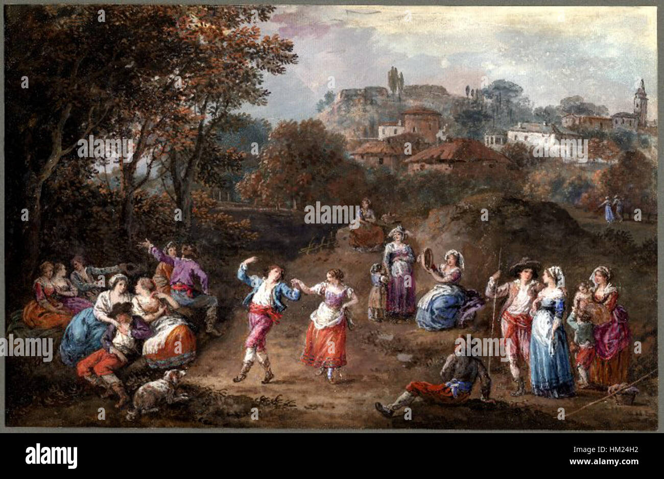 Une peinture de paysage italienne représentant un festival de campagne animé. L'œuvre capture la beauté naturelle de la campagne italienne, mettant en valeur les festivals traditionnels avec les habitants engagés dans des activités culturelles et des danses. Il présente une scène rurale paisible contre les collines et les vallées pittoresques de l'Italie. Banque D'Images