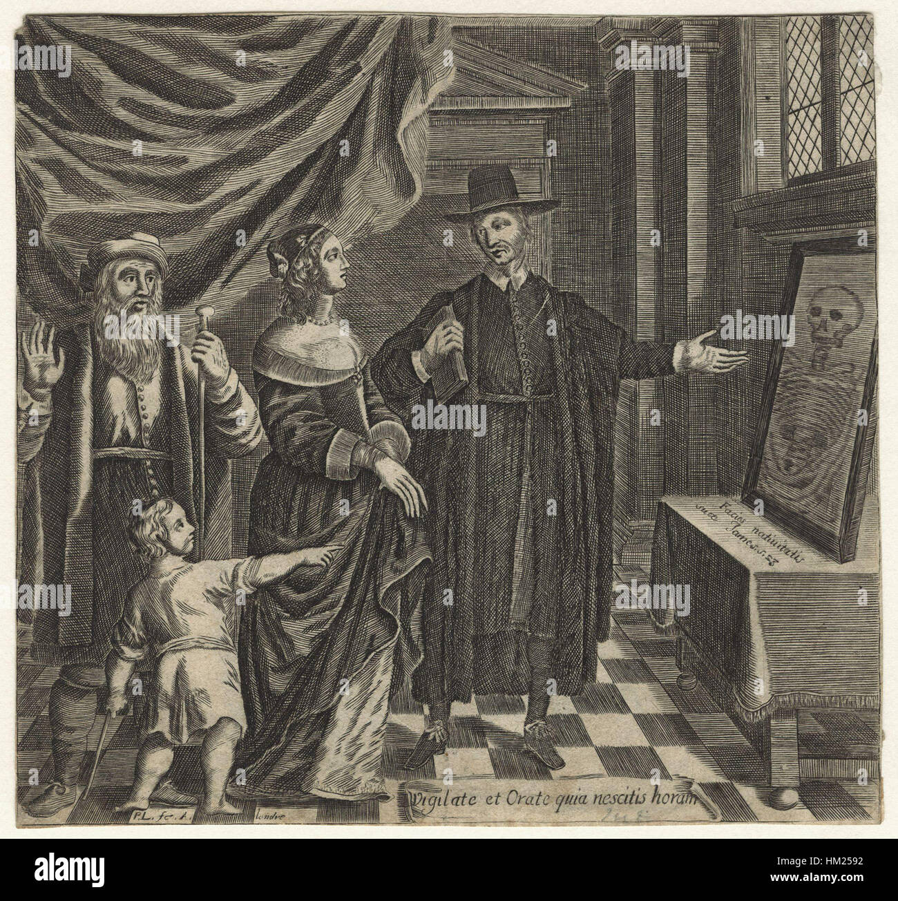 Cette gravure de Pierre Lombart illustre Jeremy Taylor, théologien, entouré de figures allégoriques représentant la jeunesse, la maturité et la vieillesse. Les figures symbolisent le passage du temps, reflétant les thèmes des étapes de la vie humaine et de la méditation philosophique sur la mortalité. Banque D'Images