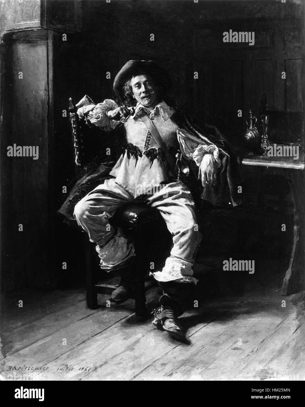 « Le soldat jovial » de Jean-Louis-Ernest Meissionier est un tableau français du XIXe siècle qui met en valeur un soldat dans une pose légère. La peinture reflète l’attention de Meissionier aux détails et sa capacité à capturer les moments quotidiens de la vie militaire. Banque D'Images