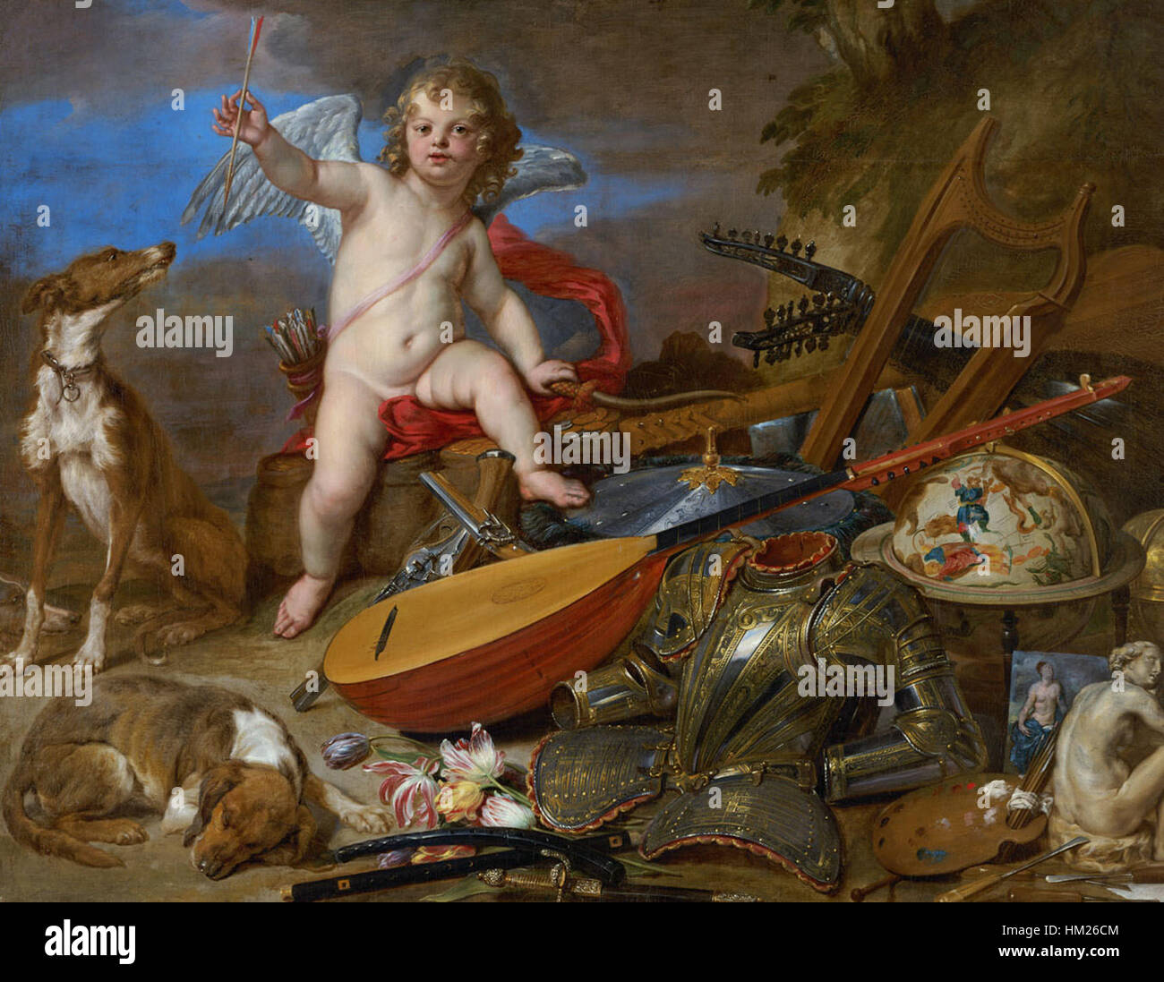 Cette peinture de Jan van den Hoecke et Paul de vos représente Amor (Cupidon) comme le vainqueur dans une scène mythologique, montrant leur habileté à capturer les figures et les émotions de la mythologie classique. La composition dynamique est riche en signification symbolique, reflétant l'amour et le triomphe dans la tradition classique. Banque D'Images