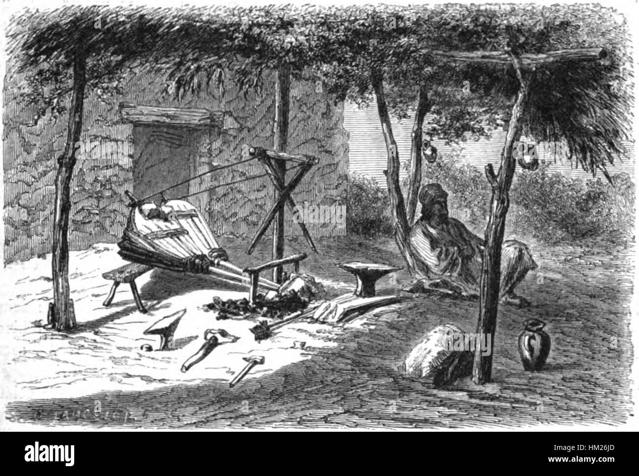 Le tableau 'Lancelot - une forge de Tzigane' illustre une scène dramatique impliquant le personnage légendaire Lancelot dans une forge gitane. L'œuvre se concentre sur des couleurs vibrantes et un mouvement dynamique, mélangeant légende et culture. Banque D'Images