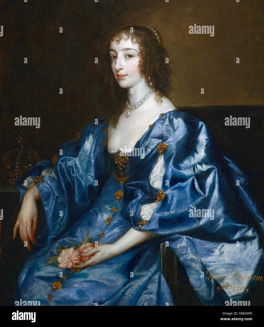 Ce portrait d'Henriette Marie de France, peint au XVIIe siècle, la dépeint comme une reine consort d'Angleterre. Connue pour sa beauté et son influence politique, elle est une figure importante pendant la guerre civile anglaise. Banque D'Images