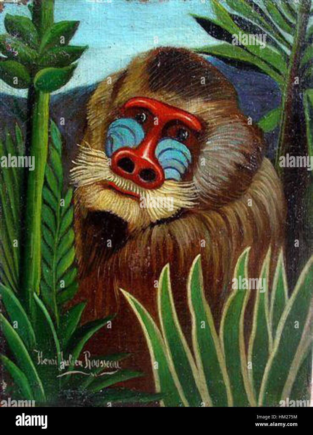 « Mandrill in the Jungle » d’Henri Rousseau dépeint une scène vivante et onirique dans un décor de jungle. La peinture à l'huile présente un mandrill dans un environnement luxuriant, reflétant le style naïf signature de Rousseau et l'utilisation vibrante de la couleur. Banque D'Images