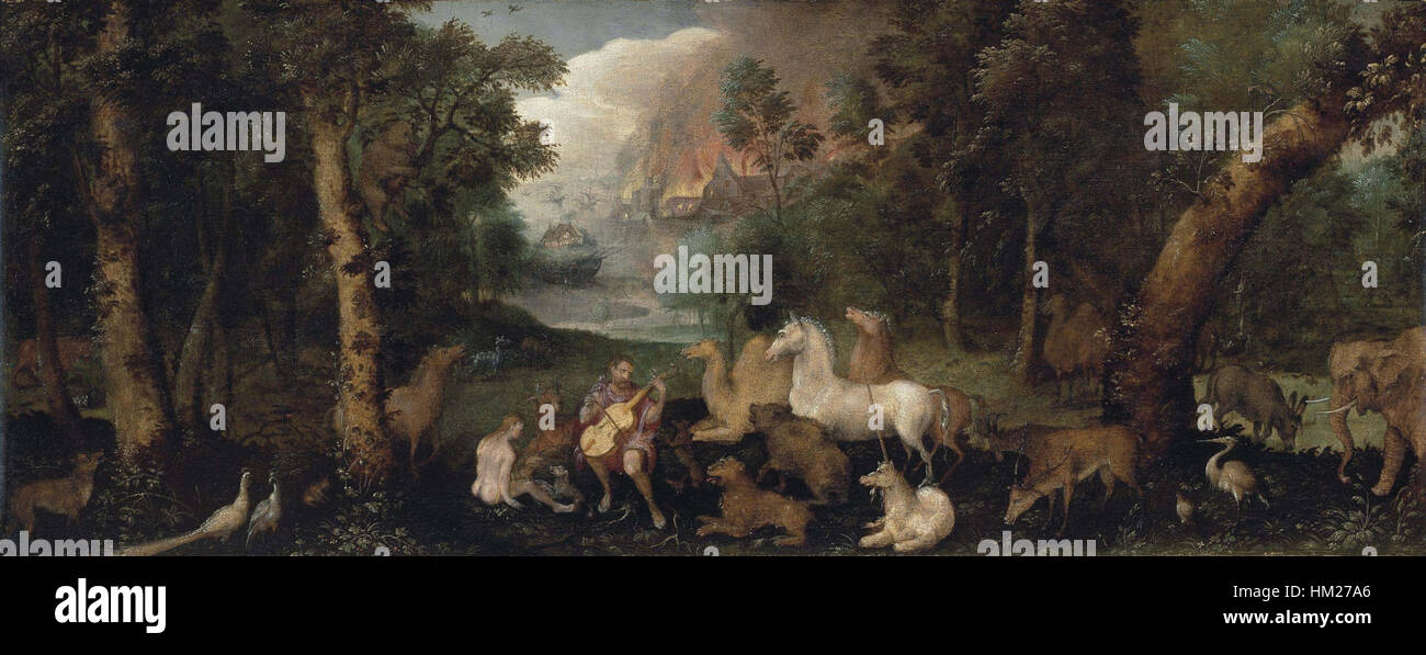 «Orphée les animaux» de Jacob Savery est une peinture de la Renaissance néerlandaise du XVIe siècle représentant le personnage mythologique Orphée jouant de sa lyre pour apprivoiser des créatures sauvages dans une scène de forêt, typique de l'harmonie entre l'homme et la nature. Banque D'Images