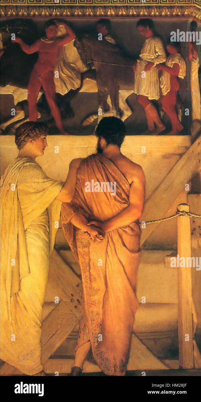Cette peinture d'Alma Tadema présente une représentation détaillée d'Alcibiade et d'un compagnon, tirés de Phidias et des marbres du Parthénon. L'œuvre met en valeur les thèmes classiques et les détails complexes de la sculpture grecque antique. Banque D'Images