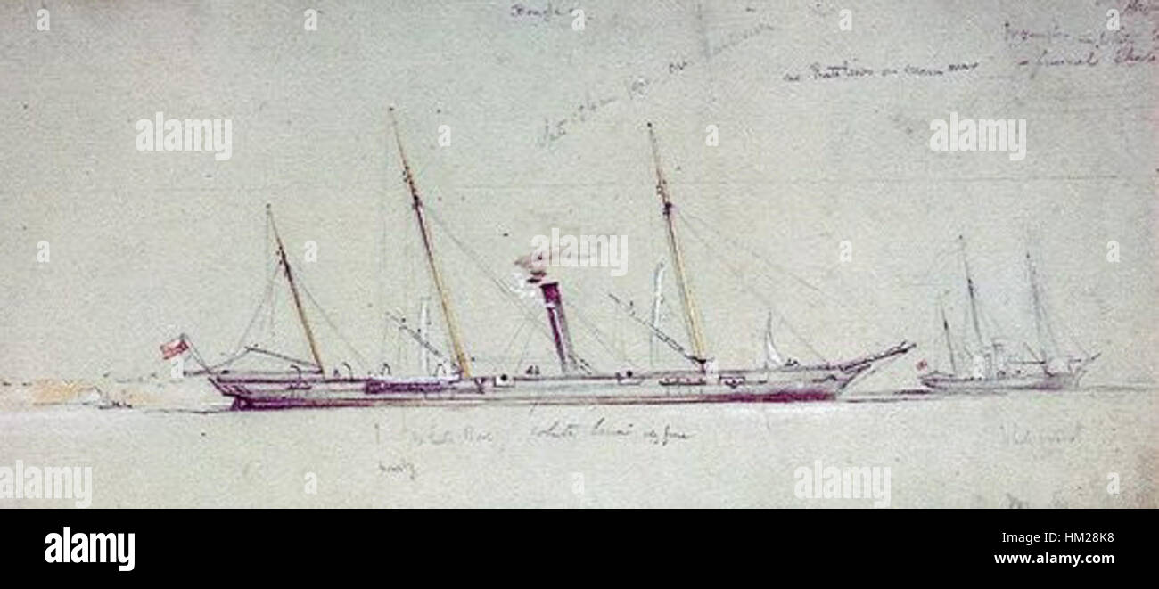 Le HMS Beagle, un important navire de la marine britannique, est représenté dans ce tableau de 1854. Célèbre pour son rôle dans le voyage de Charles Darwin, le navire a contribué au développement de la théorie de l'évolution. Banque D'Images