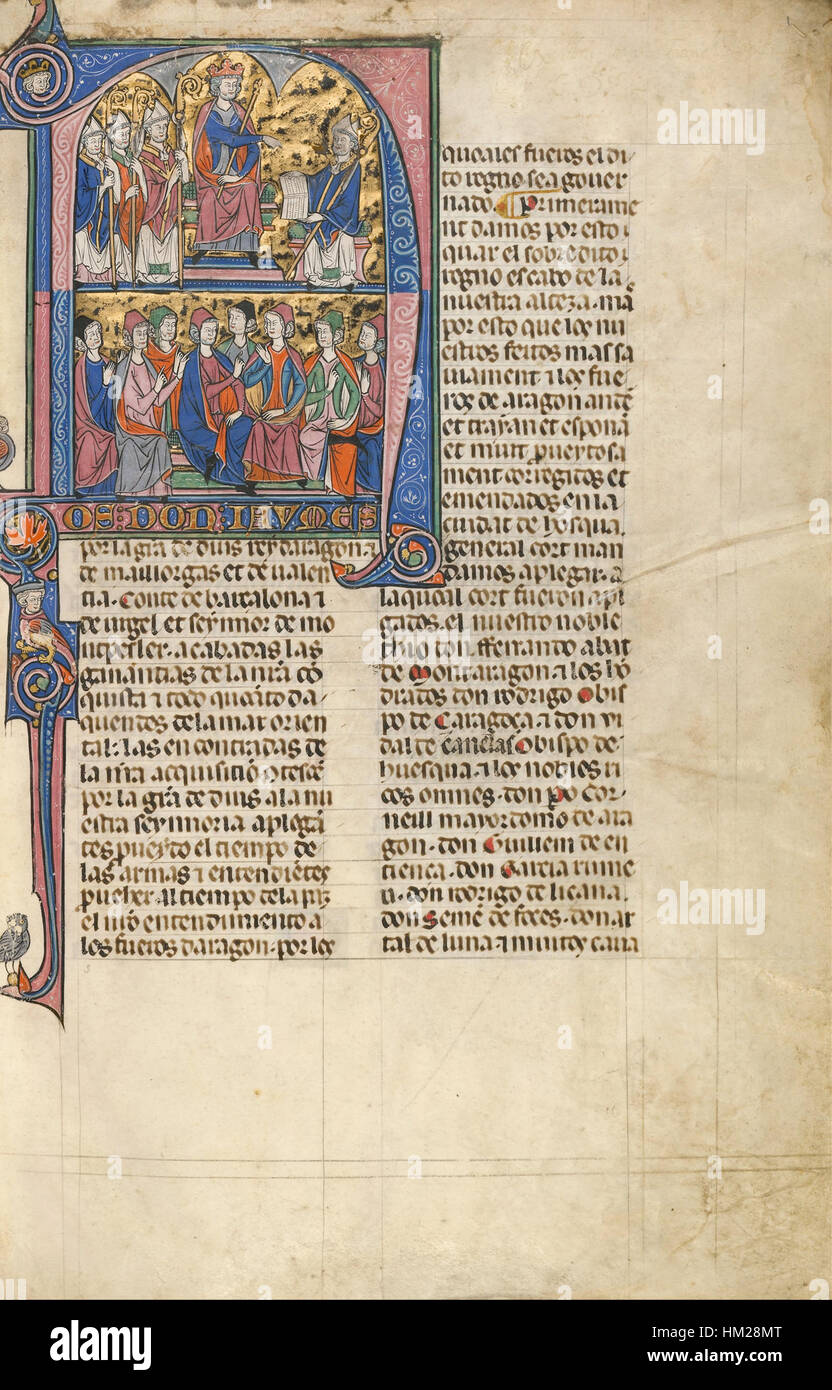 Ce manuscrit enluminé représente Vidal de Canellas présentant son texte au roi Jacques. L'œuvre souligne l'importance du mécénat royal et le rôle des manuscrits dans l'érudition médiévale et la communication. Banque D'Images