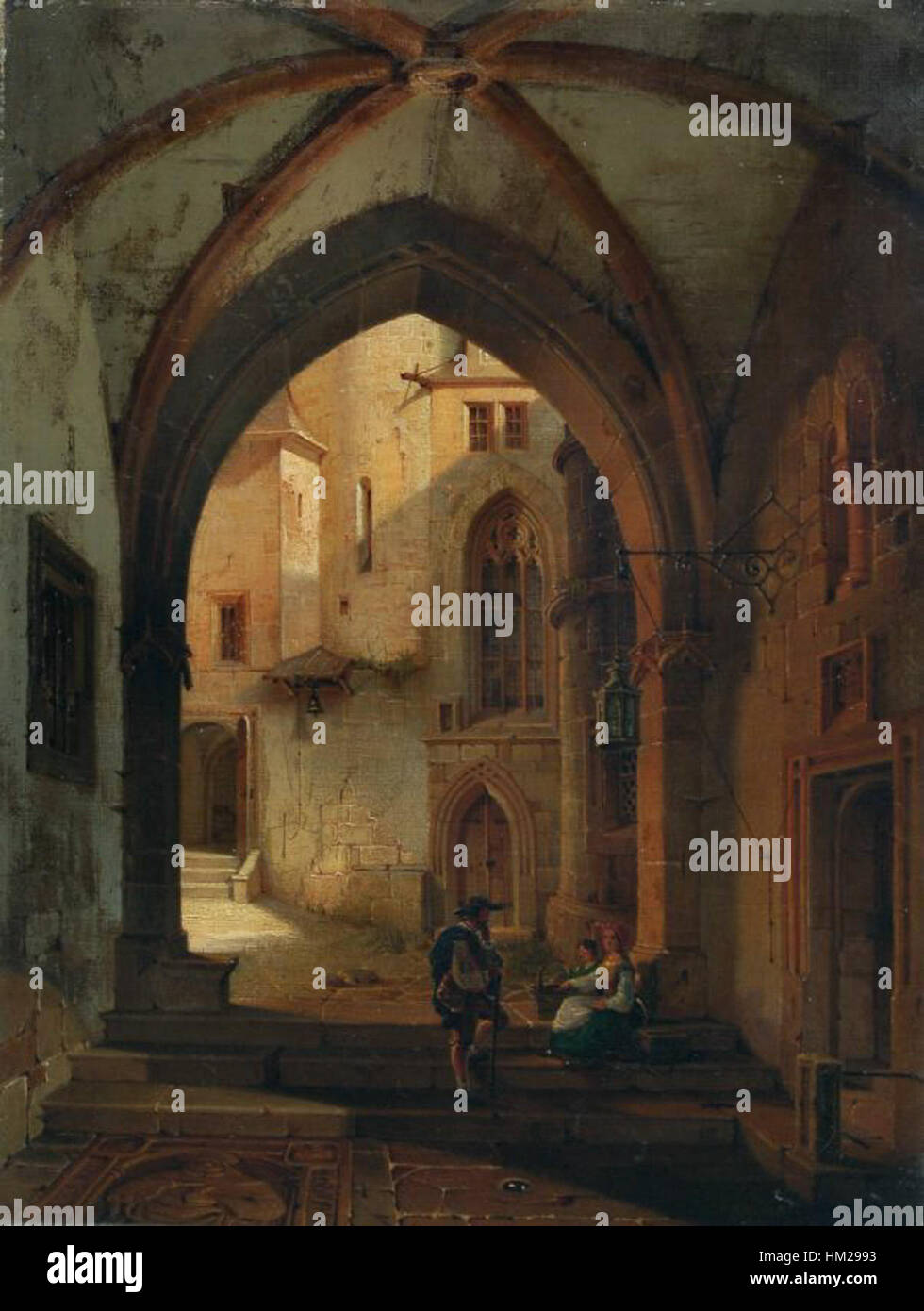 Tableau de Gustav Adolf Hahn représentant une cour gothique. L'œuvre capture les détails architecturaux et l'ambiance de la période médiévale, mettant en valeur les éléments gothiques dans le cadre. Banque D'Images