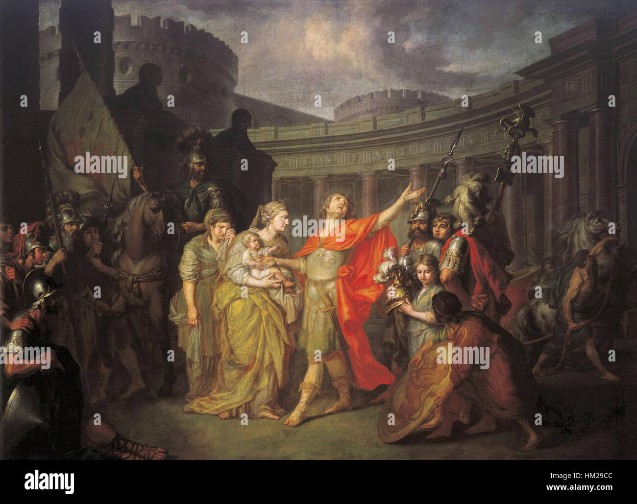 Cette peinture émotionnelle de A. Losenko, intitulée 'Hector et Andromache', représente le tragique adieu entre les deux personnages de la mythologie grecque. L'œuvre met en évidence l'intensité dramatique des thèmes classiques, capturant un moment charnière de la guerre de Troie avec des détails étonnants. Banque D'Images