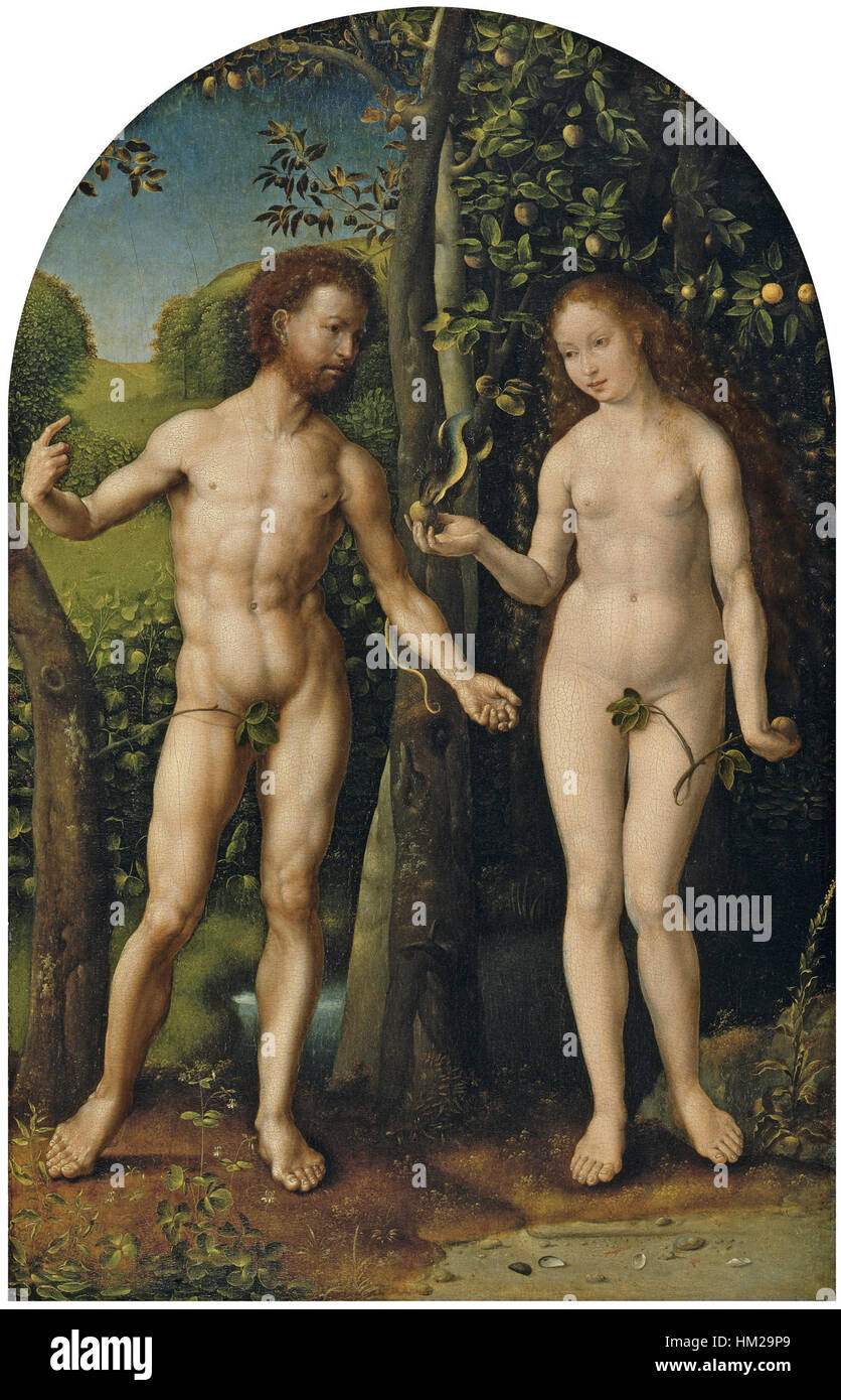 Le tableau d’Adam et Ève de Gossaert Thyssen présente l’histoire biblique de la création, mêlant techniques artistiques de la Renaissance et récit religieux, en se concentrant sur les premiers humains de la théologie chrétienne. Banque D'Images