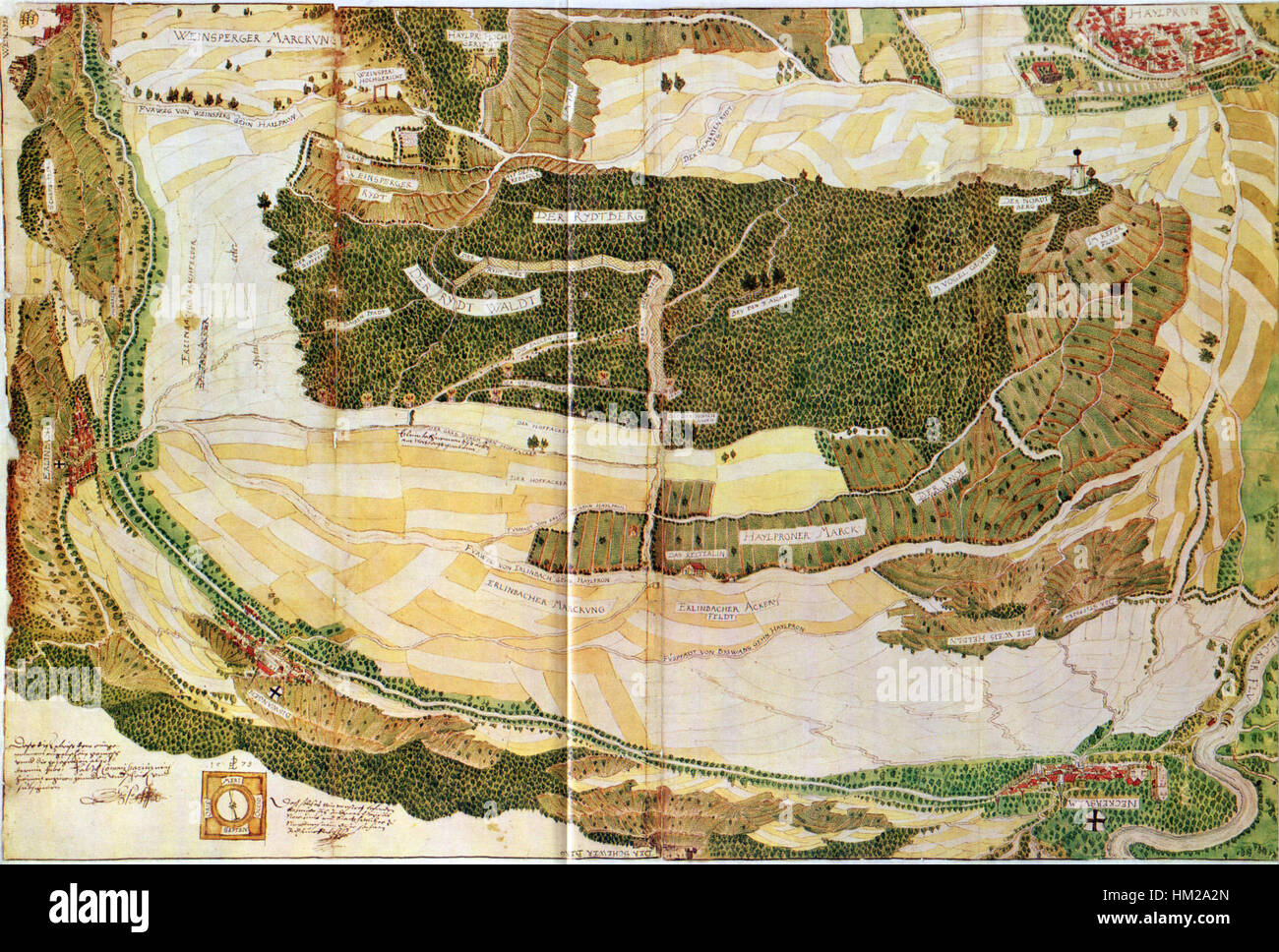 Cette carte historique, créée en 1578, illustre les environs orientaux de Heilbronn, une ville de l'Allemagne actuelle. La carte offre un aperçu du début de la période moderne, mettant en évidence les caractéristiques géographiques, les établissements et les frontières à la fin du XVIe siècle. Banque D'Images
