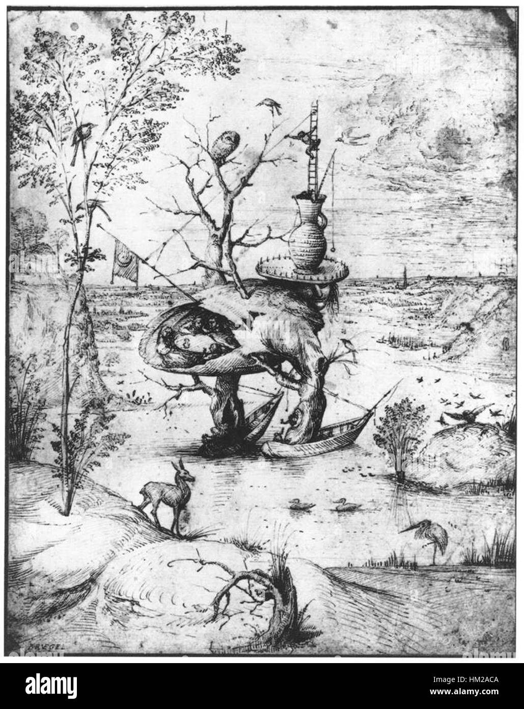 *Tree-Man* de Hieronymus Bosch est une œuvre fantastique qui mêle formes humaines et naturelles. Cette peinture surréaliste, typique du style Bosch, explore les thèmes de la transformation, de la nature et de la nature humaine avec des détails complexes et un symbolisme vif. Banque D'Images