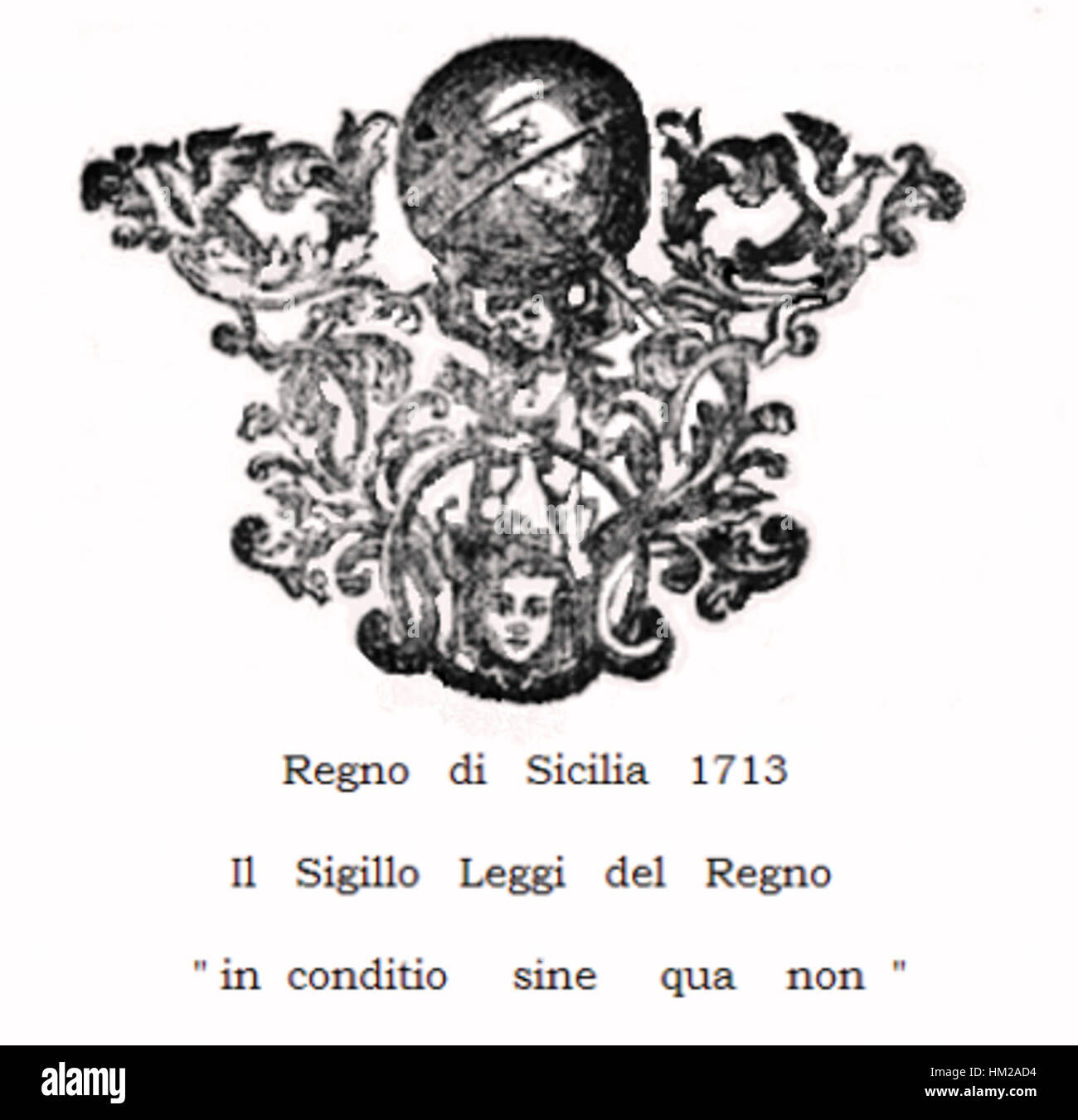 Cette image historique représente le sceau officiel du Regno di Sicilia (Royaume de Sicile) de 1713. Le sceau a été utilisé pour les documents officiels et représente le patrimoine politique et culturel du Royaume au début du XVIIIe siècle. Banque D'Images