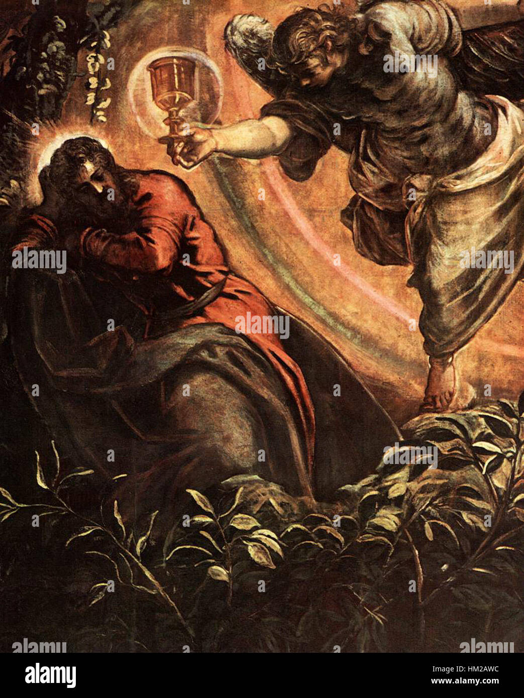 Ceci est une section détaillée de Jacopo Tintoret 'la prière dans le jardin', qui décrit un moment clé de la Bible. La peinture illustre la prière du Christ dans le jardin de Gethsémané, montrant l'utilisation dramatique de la lumière et de l'ombre par le Tintoret. Banque D'Images