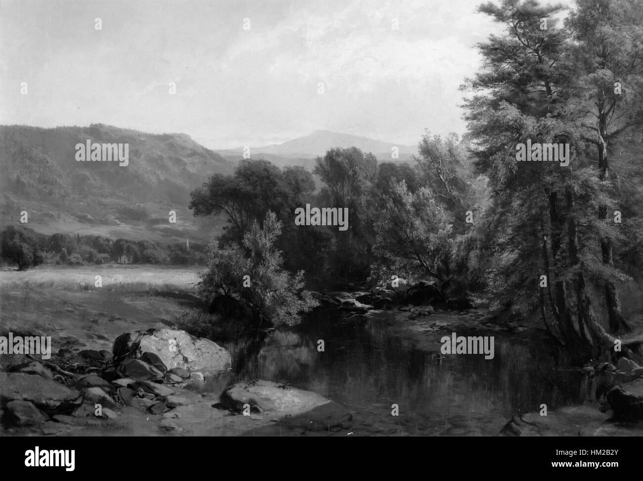 Le « paysage de la rivière Hudson » de James McDougal Hart capture la beauté tranquille de la vallée de la rivière Hudson. La peinture met en valeur les paysages sereins et la beauté naturelle du Nord-est américain au 19ème siècle. Banque D'Images