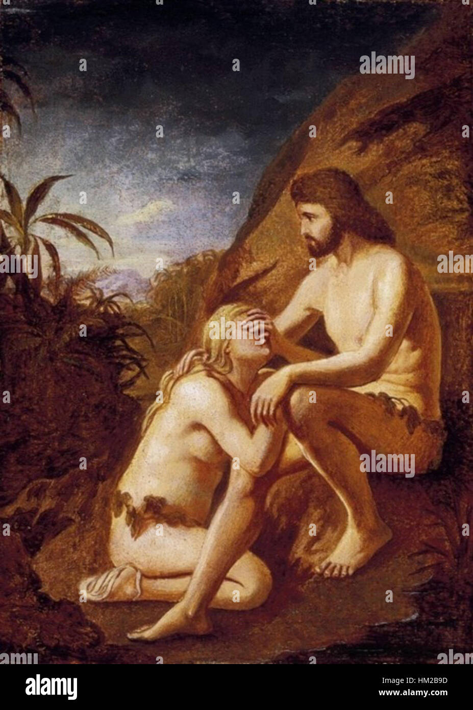 Adam et Ève, une peinture à l'huile de Klimkovics, présentant l'histoire biblique des premiers humains, mettant l'accent sur le récit de la création. Banque D'Images